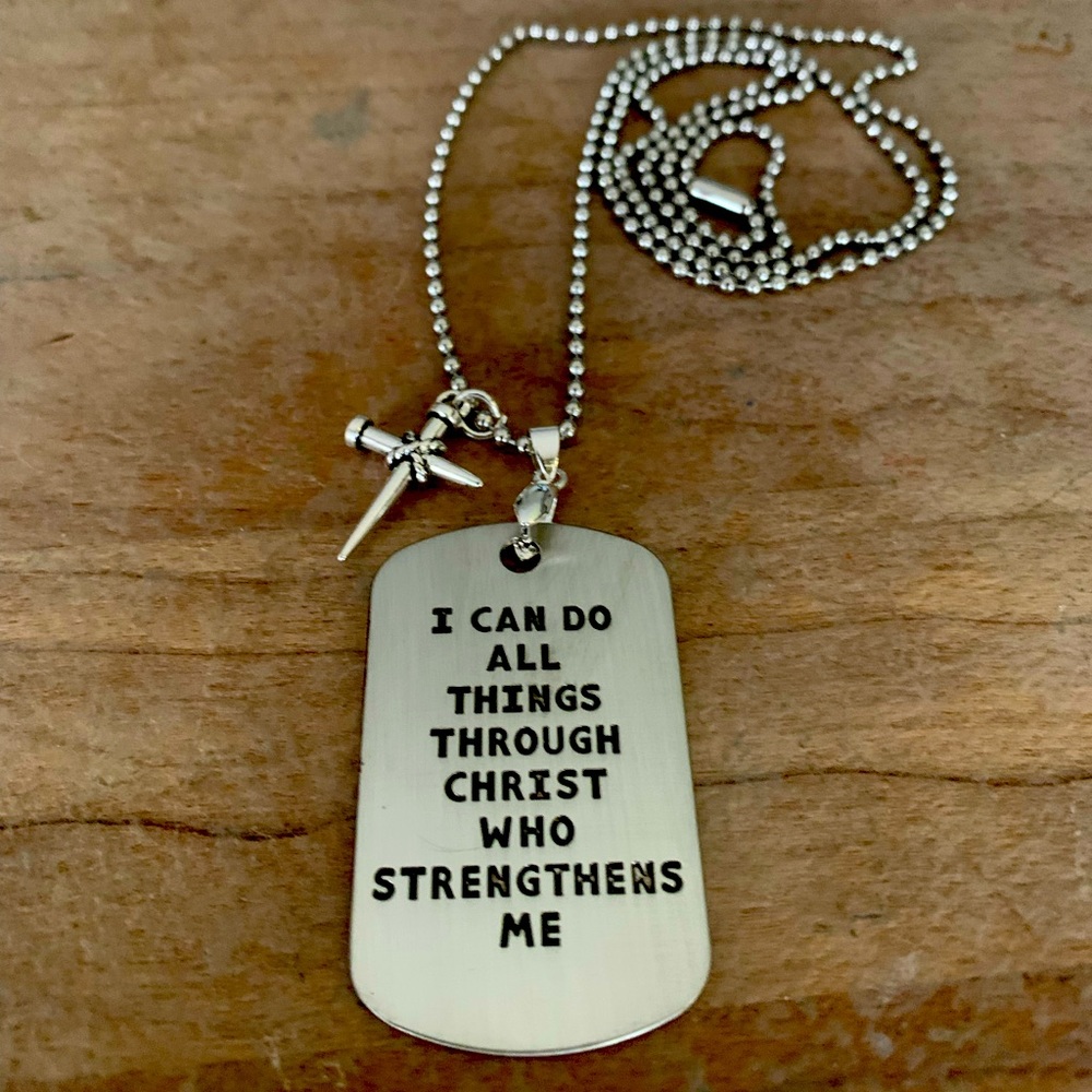 Philippians 4:13 Nail Cross and Tag Necklac